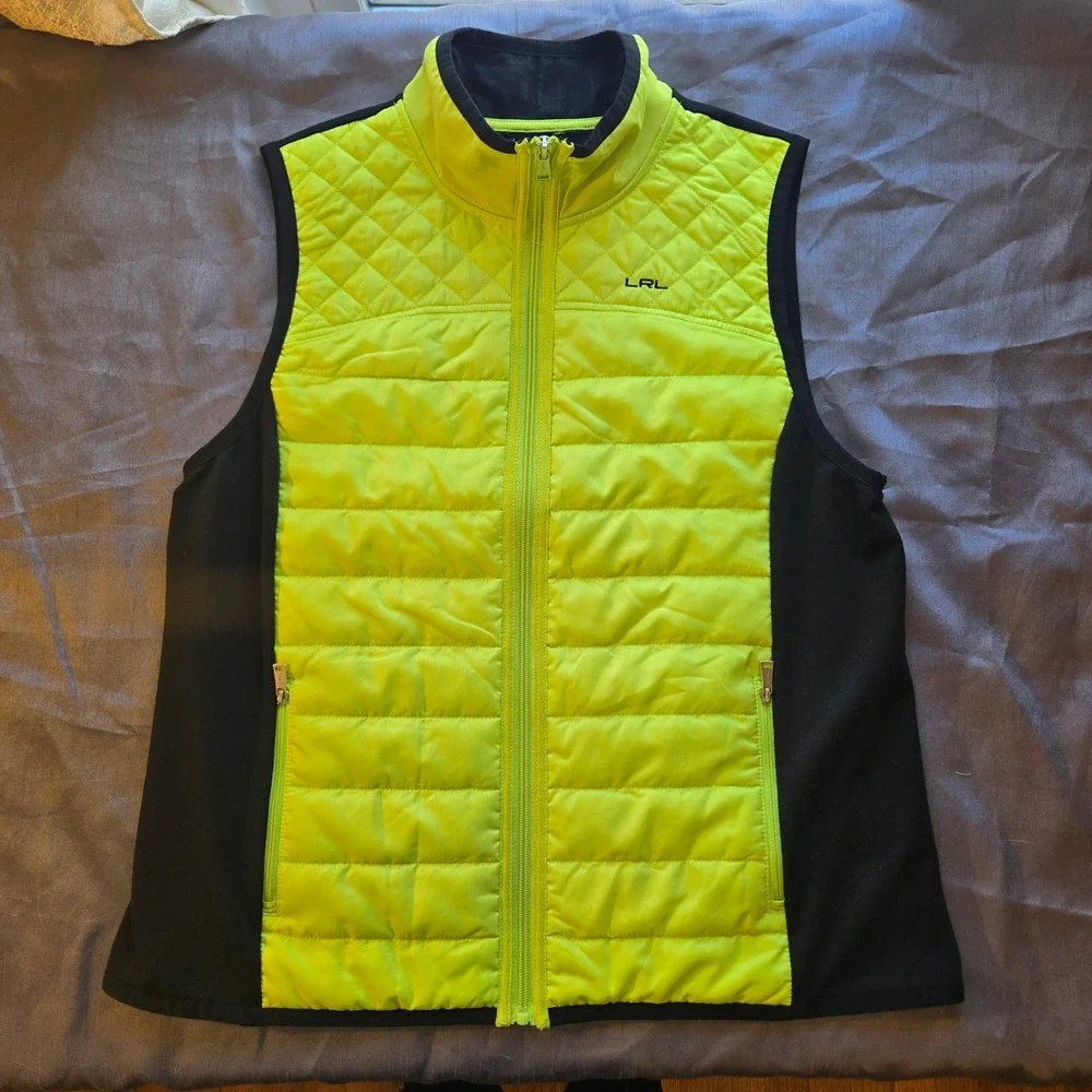 LRL Lauren Ralph‎ Lauren Neon Green Black Zip Up Quilted Vest Size XL READ